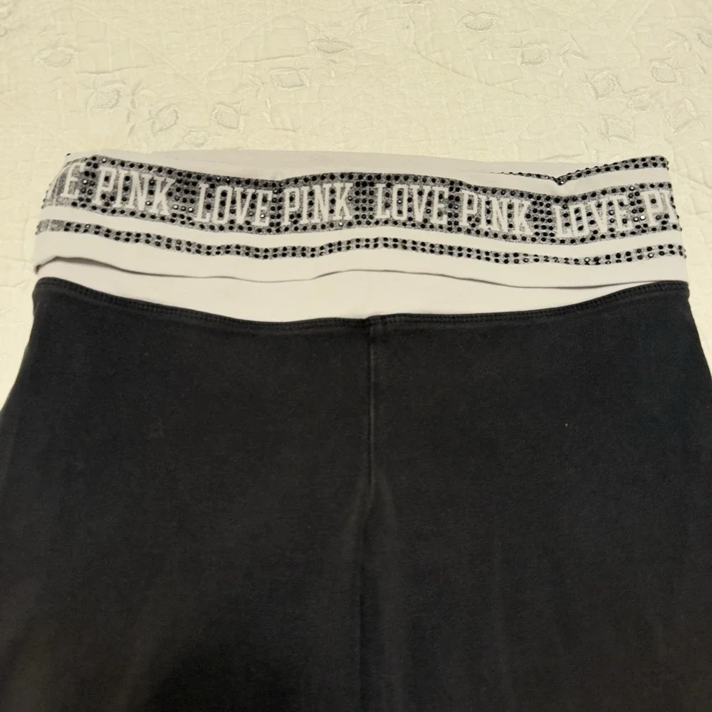 Victoria Secret PINK Y2K Bling Rhinestone Logo Foldover Yoga Flare Pants XS Long - Picture 2 of 4
